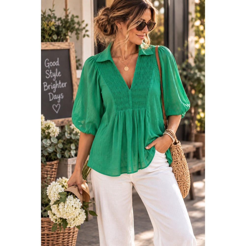 Umgee Mimi Bubble Sleeve Emerald Green Smocked V-Neck Blouse Top Large